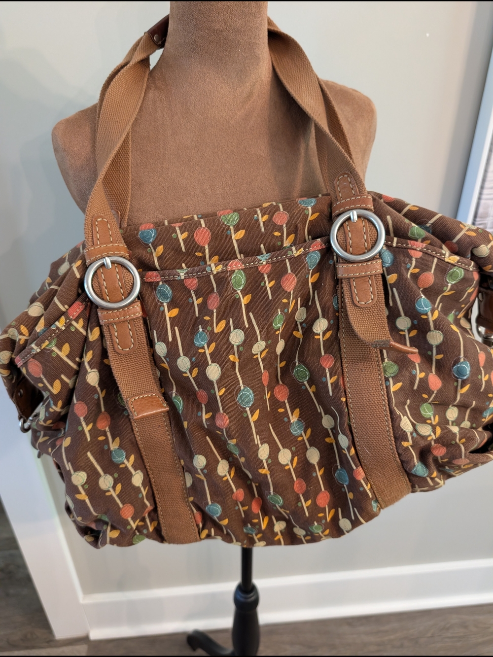 Fossil Brown Patterned Canvas Tote with Leather Trim - Picture 2 of 10